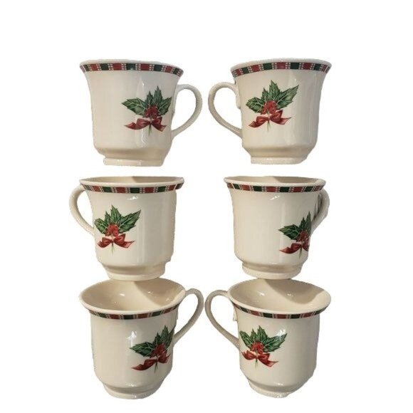 Set Of 6 Tartan Ribbon Footed 6-8oz Cups - Picture 1 of 7